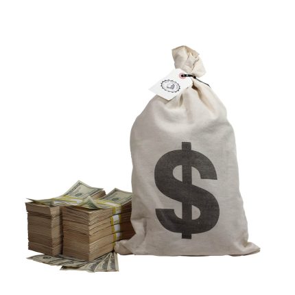 2000 Series $100,000 Aged Blank Filler Stacks with Money Bag - Prop Movie Money