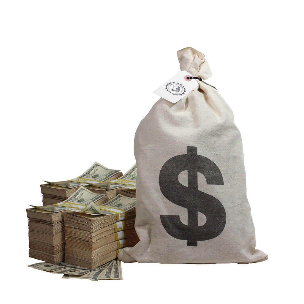 2000-series-250000-aged-blank-filler-stacks-with-money-bag-9342110-2 2000 Series $250,000 Aged Blank Filler Stacks with Money Bag - Prop Movie Money
