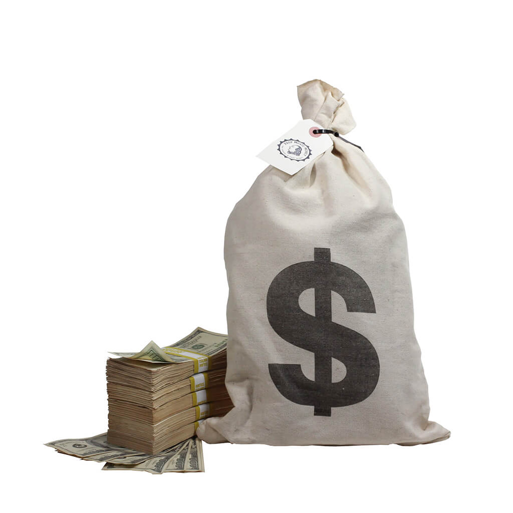 2000-series-50000-aged-blank-filler-stacks-with-money-bag-7639552-4 2000 Series $50,000 Aged Blank Filler Stacks with Money Bag - Prop Movie Money