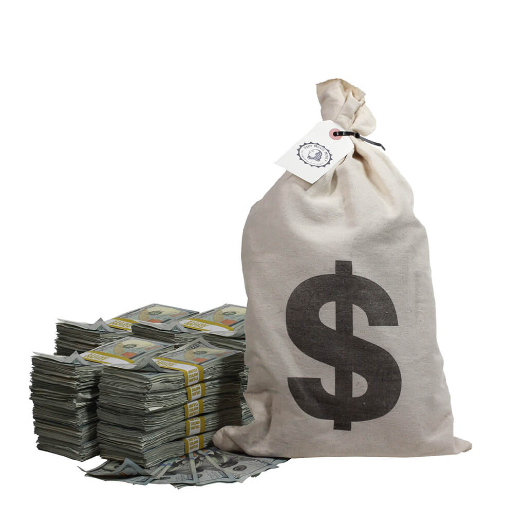 new-series-250000-aged-full-print-stacks-with-money-bag-9198629-2 New Series $250,000 Aged Full Print Stacks with Money Bag - Prop Movie Money