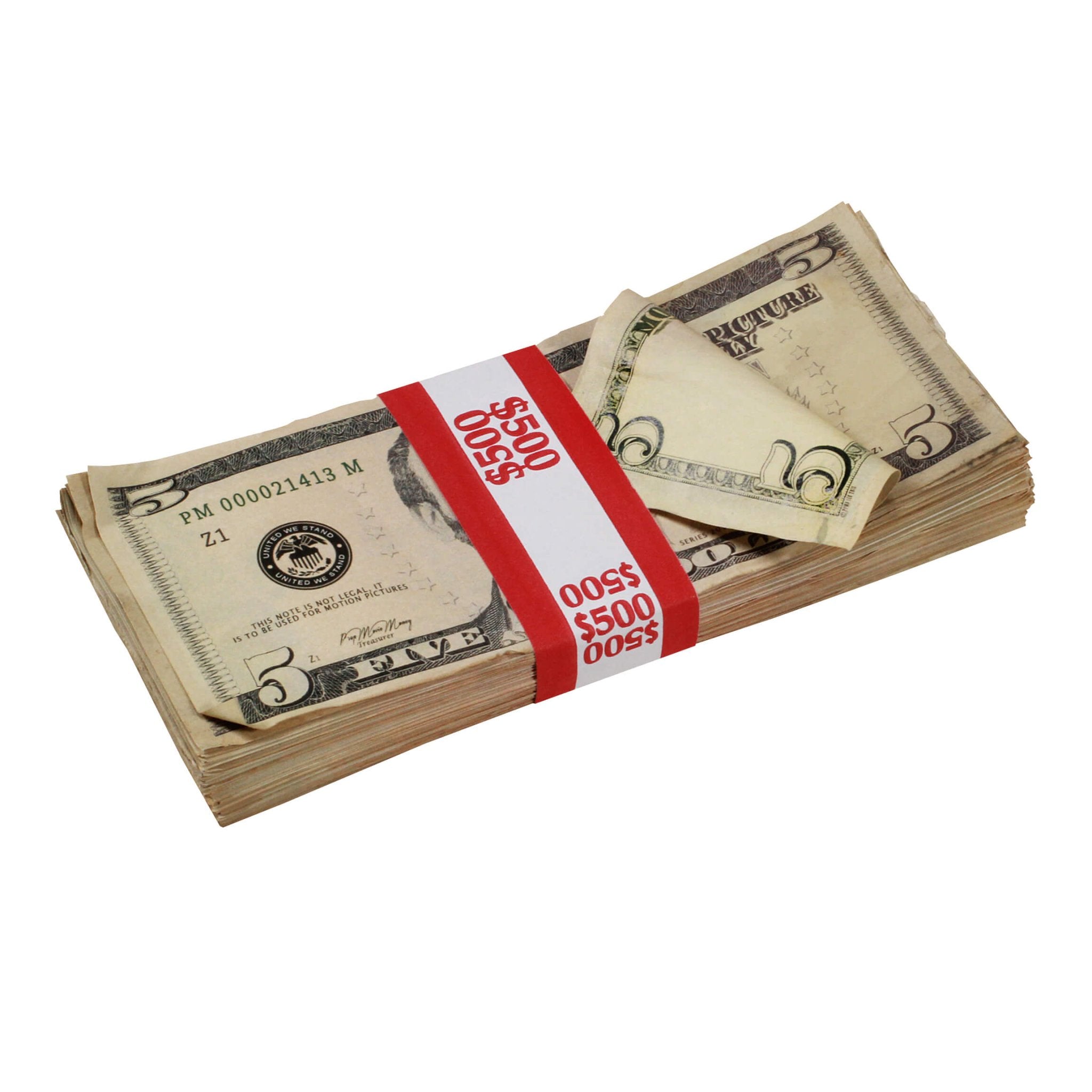 new-series-5s-aged-500-full-print-prop-money-stack-6299454-4 New Series $5s Aged $500 Full Print Prop Money Stack - Prop Movie Money