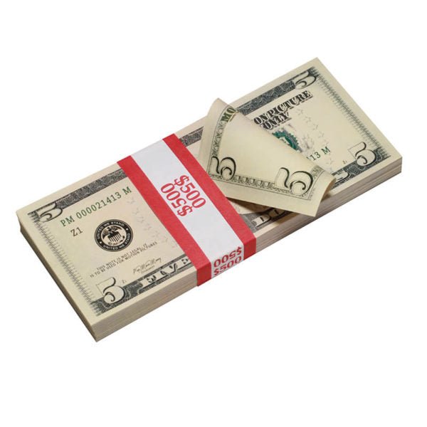 new-style-5-full-print-prop-money-stack-7189048 New Style $5 Full Print Prop Money Stack - Prop Movie Money